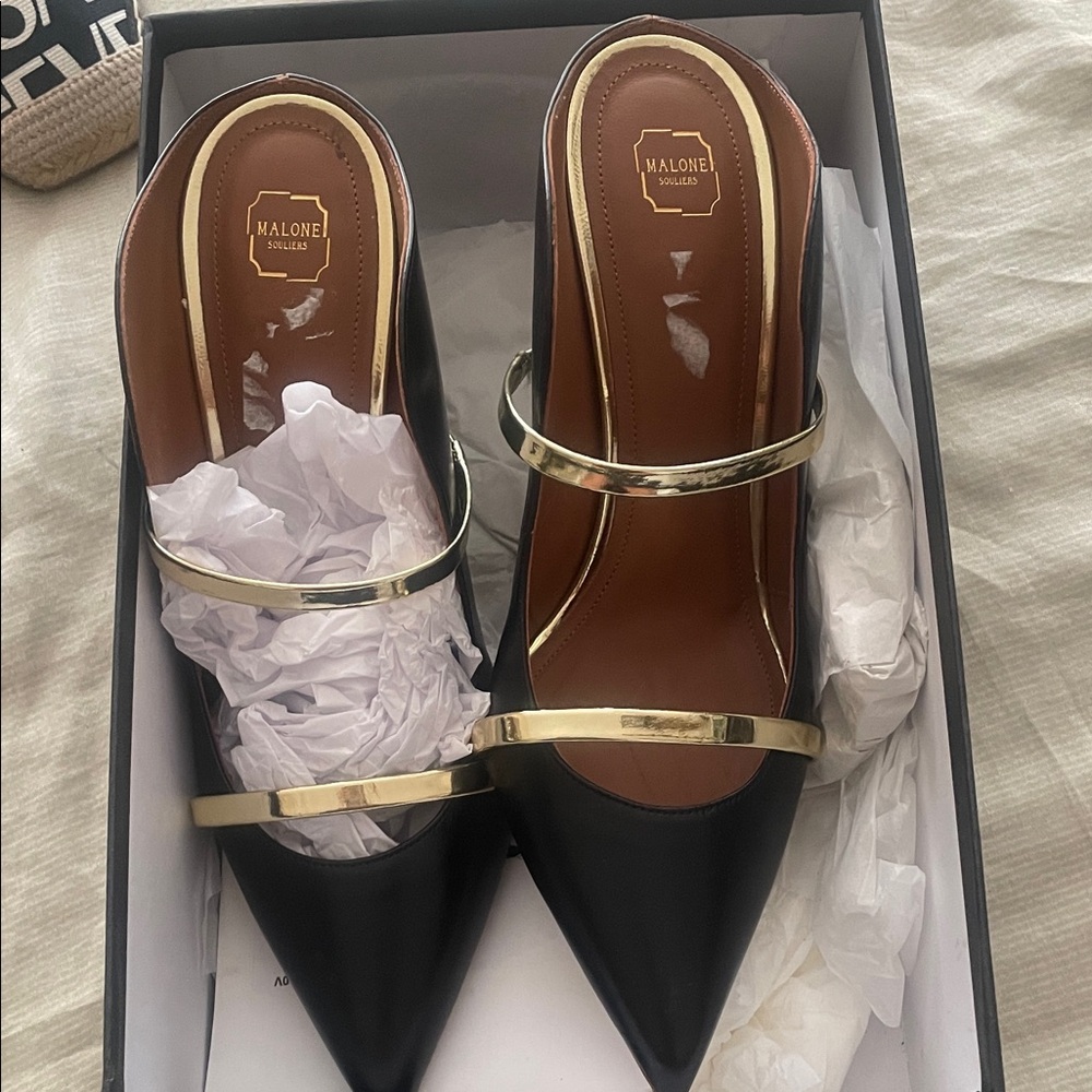 Malone Souliers Black and Gold Heels